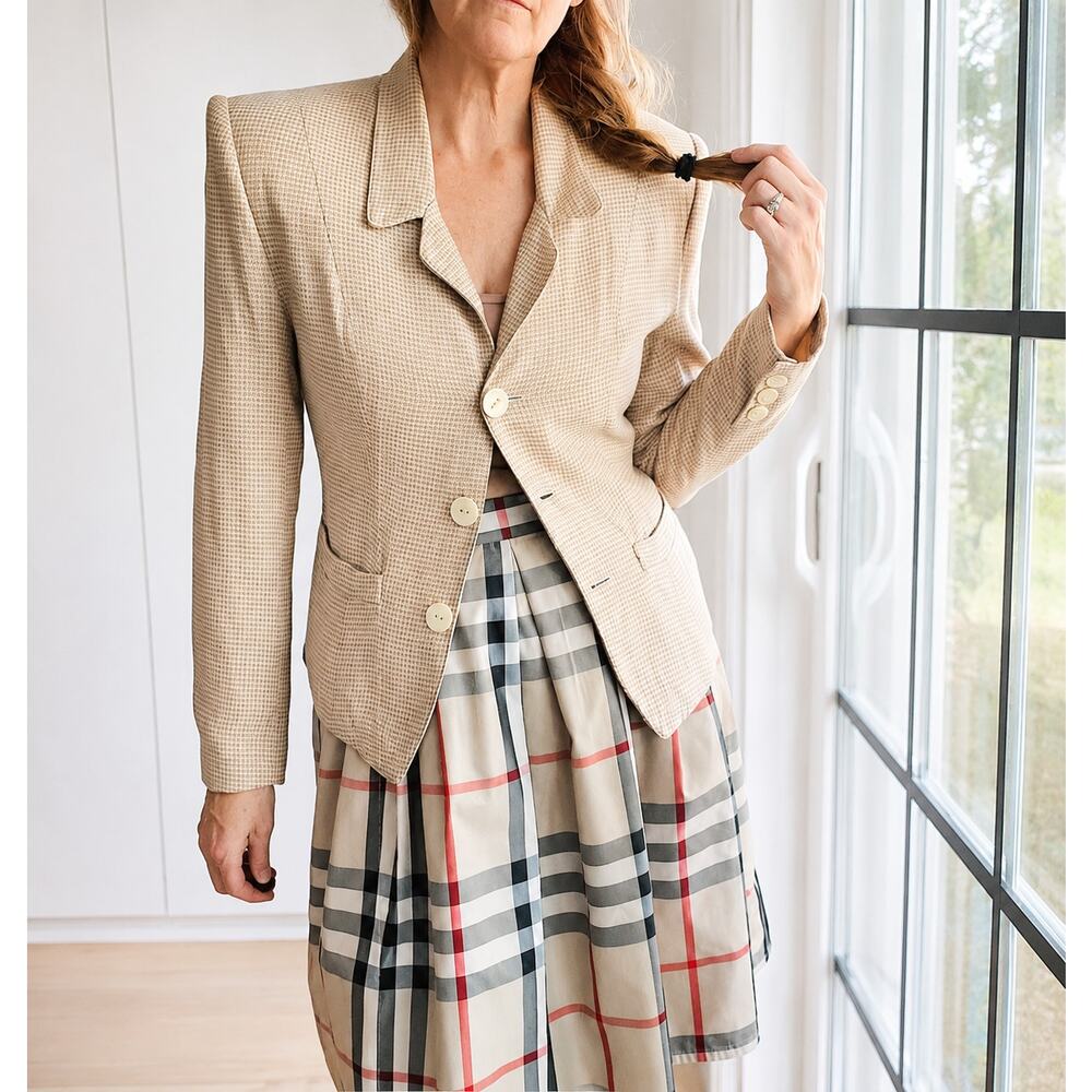 90s Vintage Blazer Tailored Size Small Tan and Pink houndstooth Print ESprit